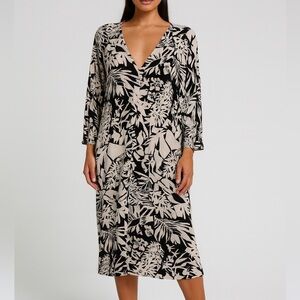 Bryn Walker Lagenlook Floral V Neck Midi Dress Oversized XS